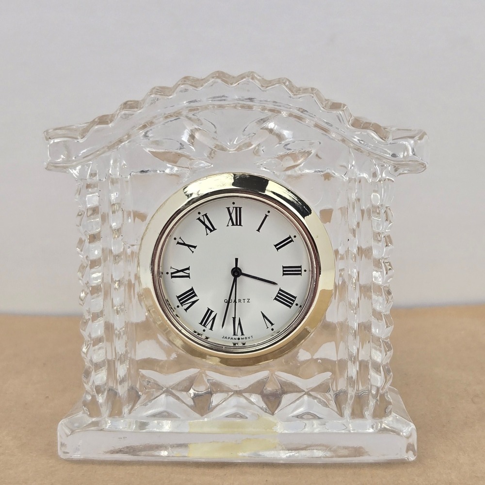 Vintage 24% Lead Crystal Miniature Mantel Clock Quartz Japan Movt Gold Tone Trim